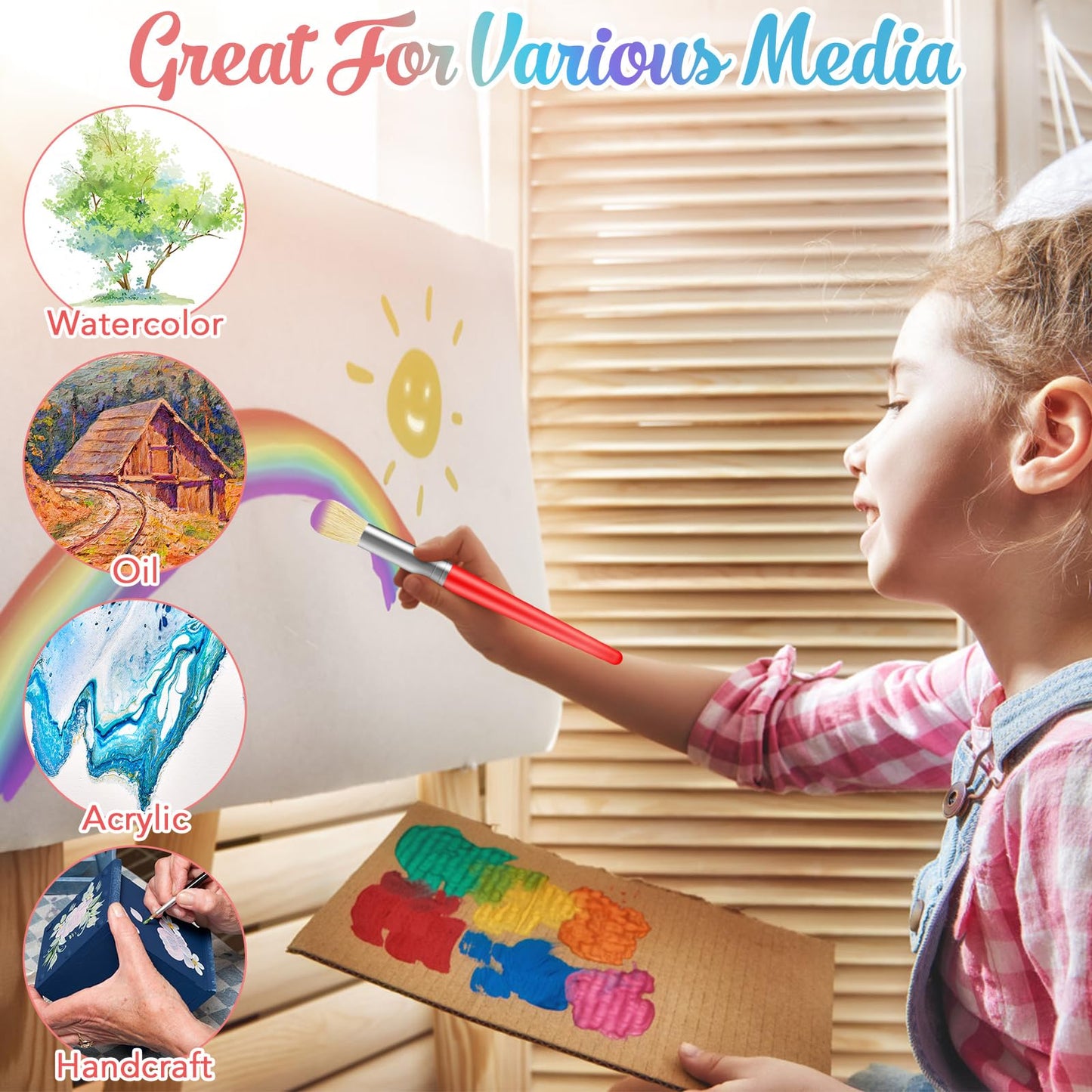 Paint Brushes for Kids, 10 Pcs Big Washable Chubby Toddler Paint Brushes, Easy to Clean & Grip Round and Flat Preschool Paint Brushes with No Shed Bristle for Acrylic Paint, Washable Paint