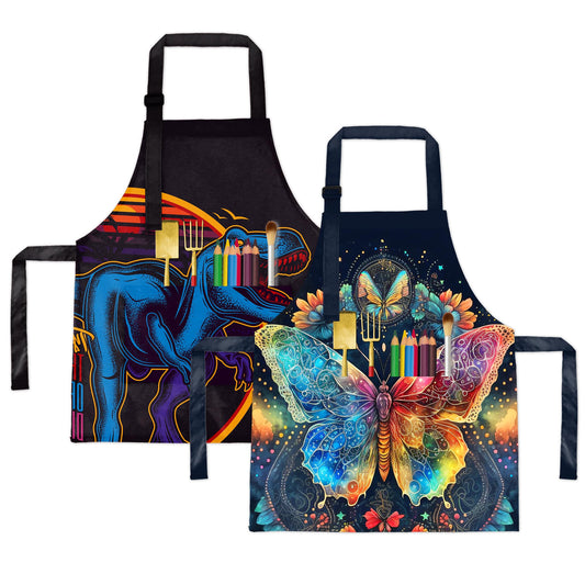 BeeGreen Kids Apron 2 Pack Dinosaur Butterfly Kids Painting Aprons with Adjustable Strap & Front Pockets Toddler Aprons for Girls & Boys Artist Smocks for Cooking Baking Kitchen Washable