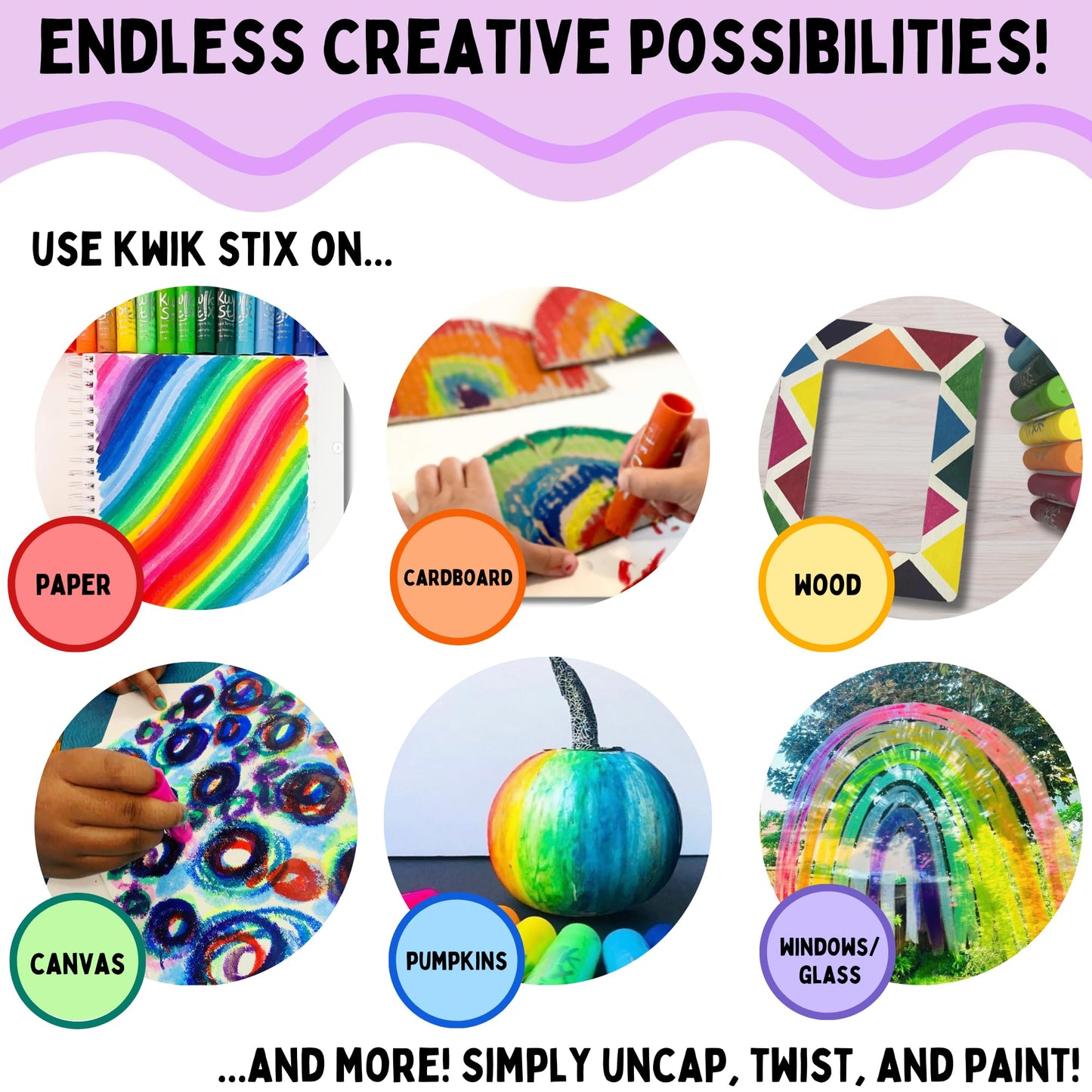 Kwik Stix Solid Tempera Paint Sticks, 24 Colors, Washable Paint Sticks for Kids, Non-Toxic, Quick Drying, Allergen Free, Comes in Classic, Metallic, & Neon Colors, Ideal for Kids and Toddlers
