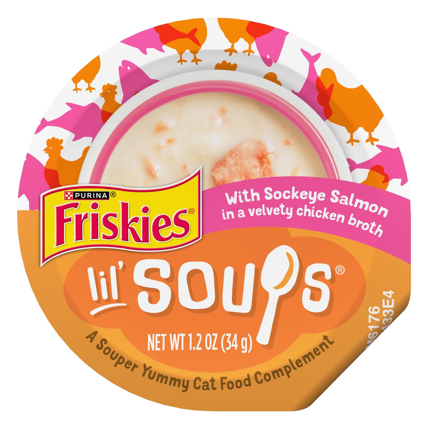 Purina Friskies Lil’ Soups Lickable Cat Treats Toppers with Sockeye Salmon in Chicken Broth, Grain Free Cat Food Toppers, Pack of 8, 1.2 oz Cups