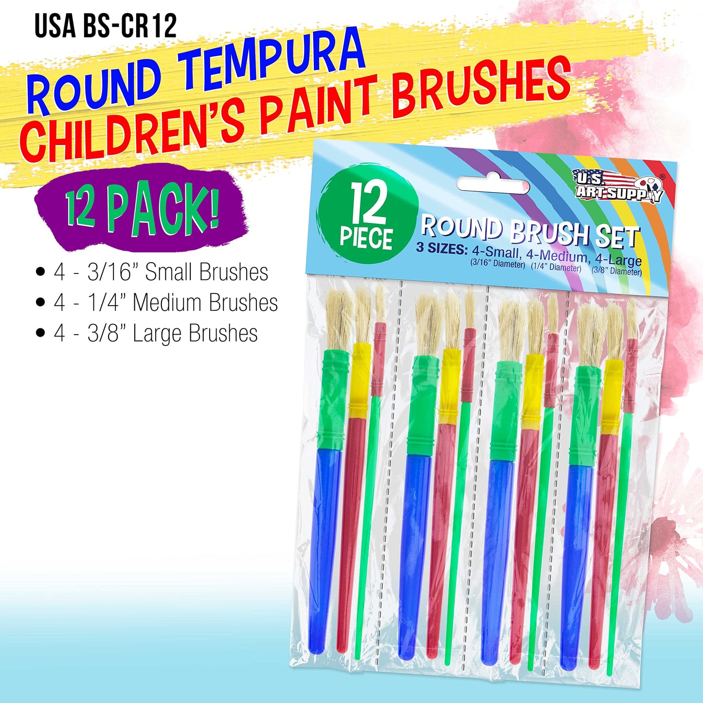 U.S. Art Supply 12-Piece Round Children's Tempera Paint Brush Set in 3 Sizes, 4 Small, 4 Medium, 4 Large - Fun Kid's Party, School, Student, Class Craft Painting - Beginners Starter Painting Brush Kit